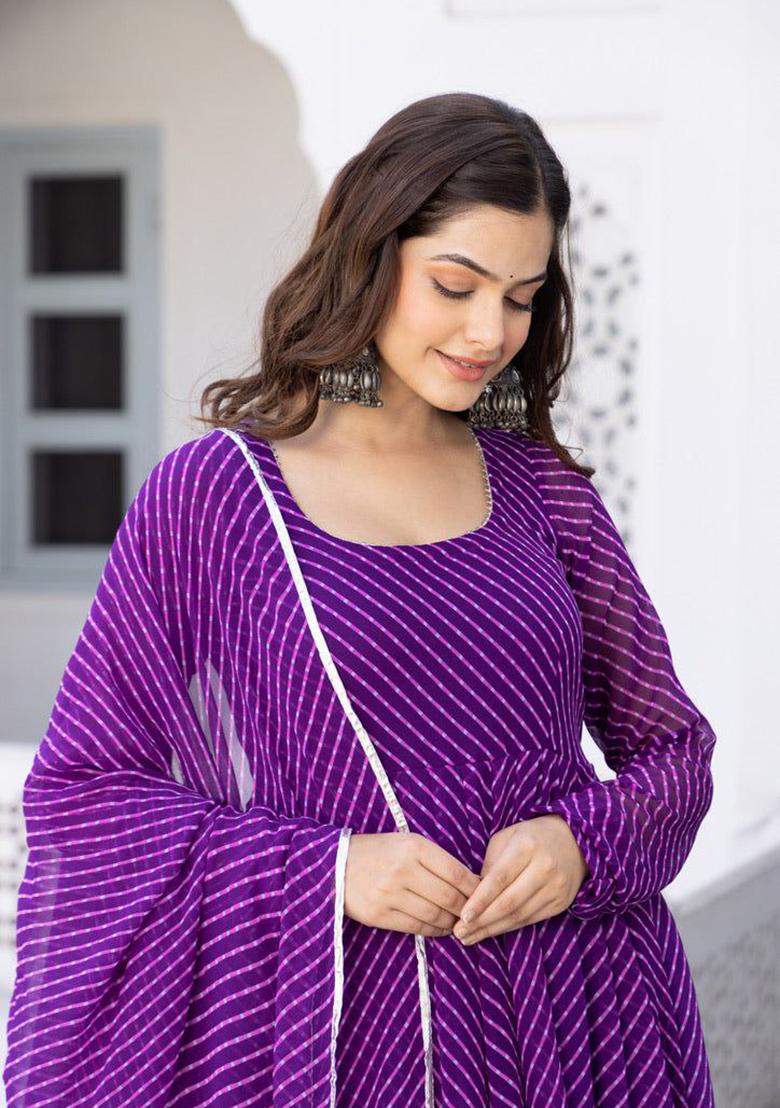 Purple Printed Georgette Anarkali Set