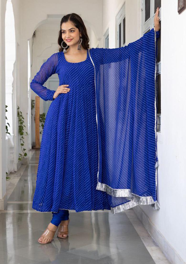 Blue Printed Georgette Anarkali Set