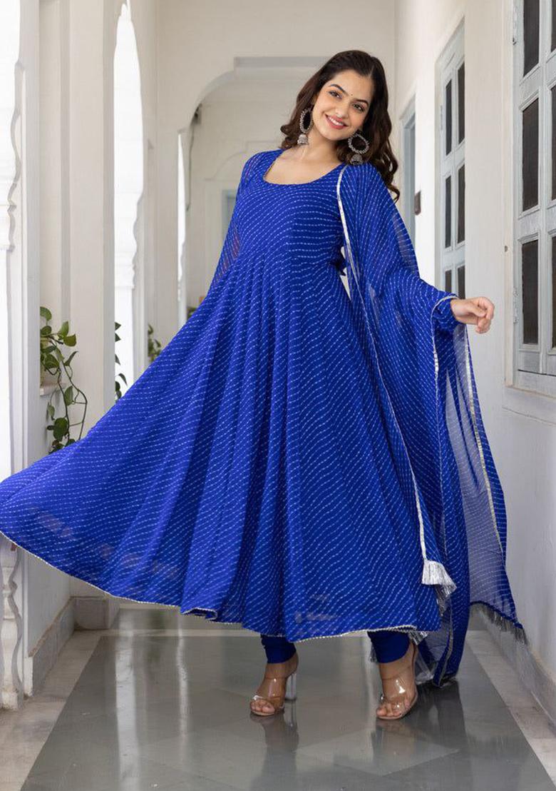 Blue Printed Georgette Anarkali Set