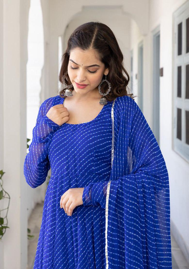 Blue Printed Georgette Anarkali Set