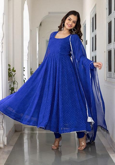 Blue Printed Georgette Anarkali Set