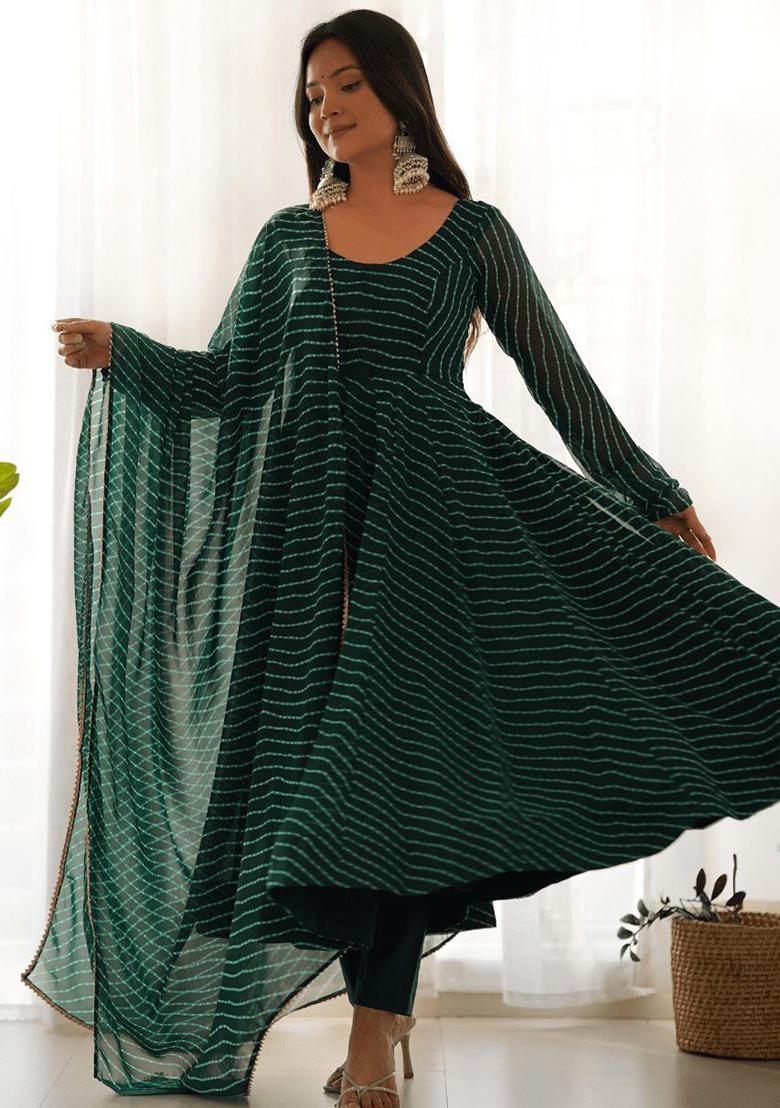 Green Printed Georgette Anarkali Set