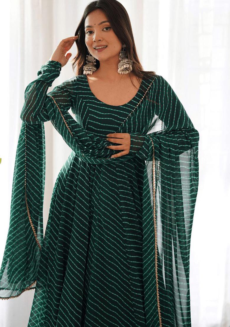 Green Printed Georgette Anarkali Set