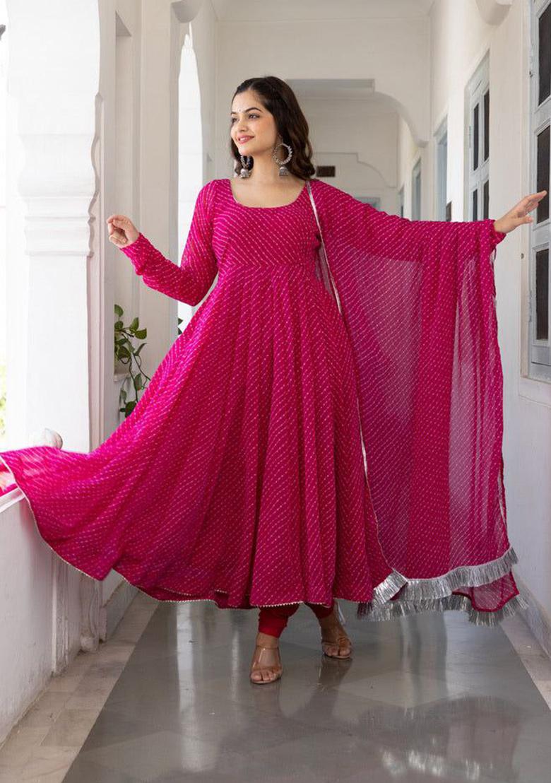 Pink Printed Georgette Anarkali Set With Dupatta