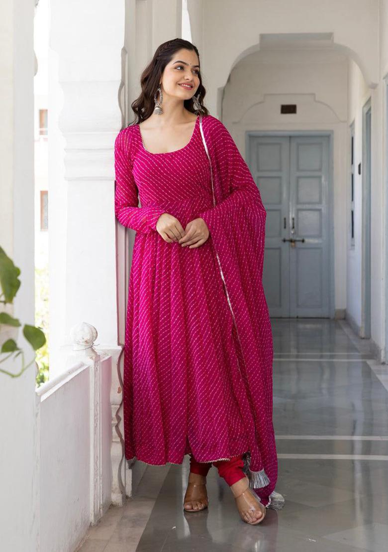 Pink Printed Georgette Anarkali Set With Dupatta