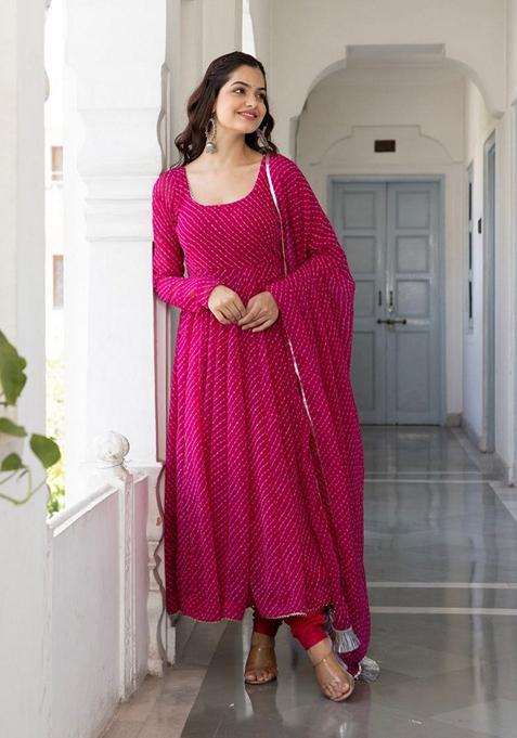 Pink Printed Georgette Anarkali Set With Dupatta