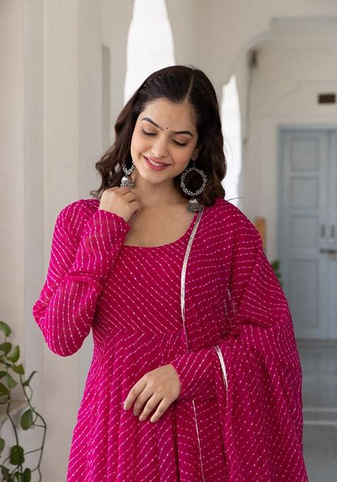 Pink Printed Georgette Anarkali Set With Dupatta