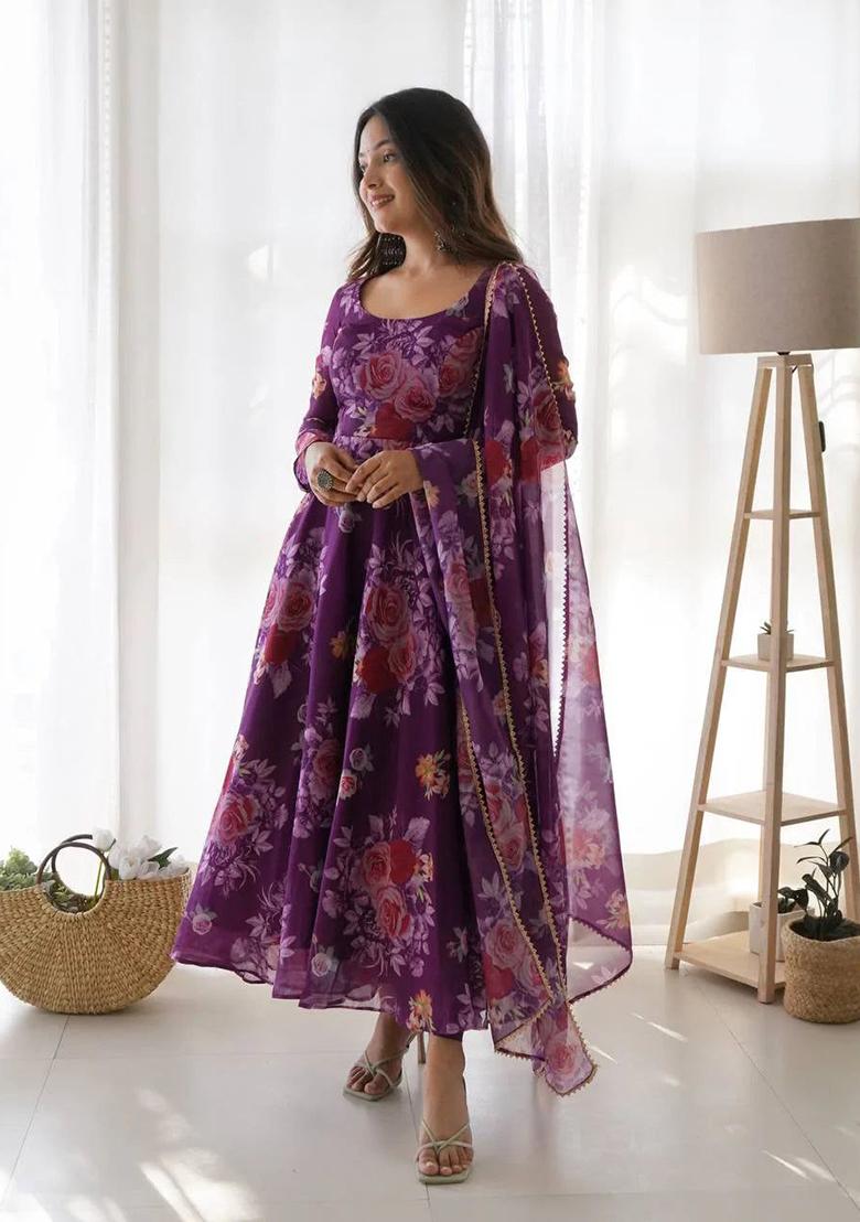 Purple Printed Georgette Anarkali Set