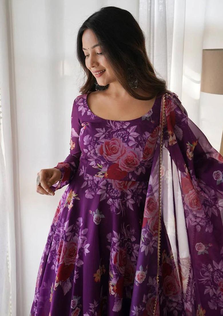 Purple Printed Georgette Anarkali Set