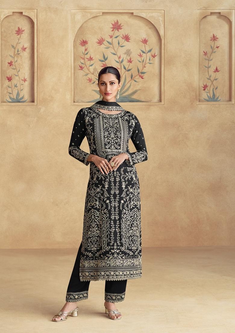 Black Thread Embroidered Silk Kurta Set
