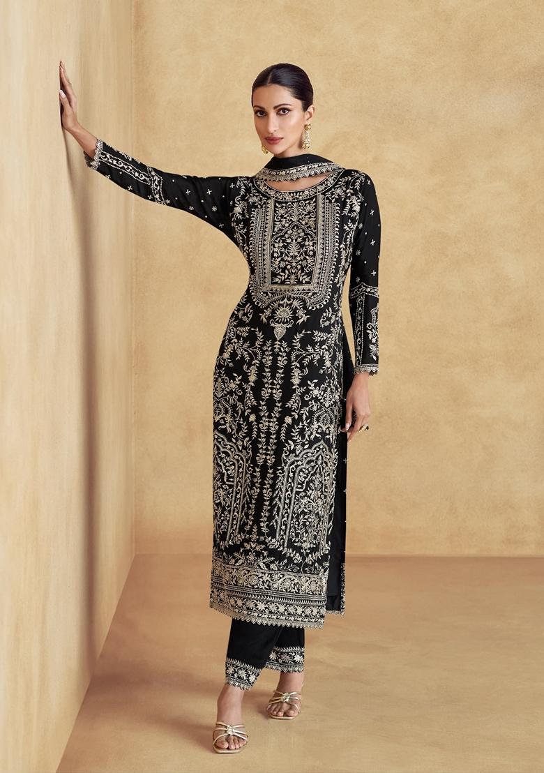 Black Thread Embroidered Silk Kurta Set - Indya