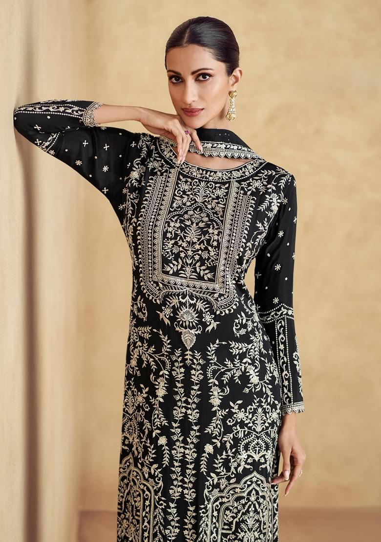Black Thread Embroidered Silk Kurta Set