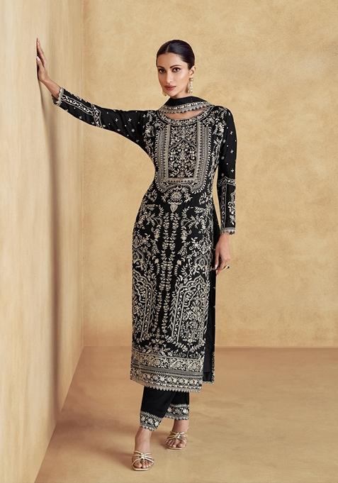 Black Thread Embroidered Silk Kurta Set