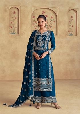 Teal Thread Embroidered Silk Kurta Set