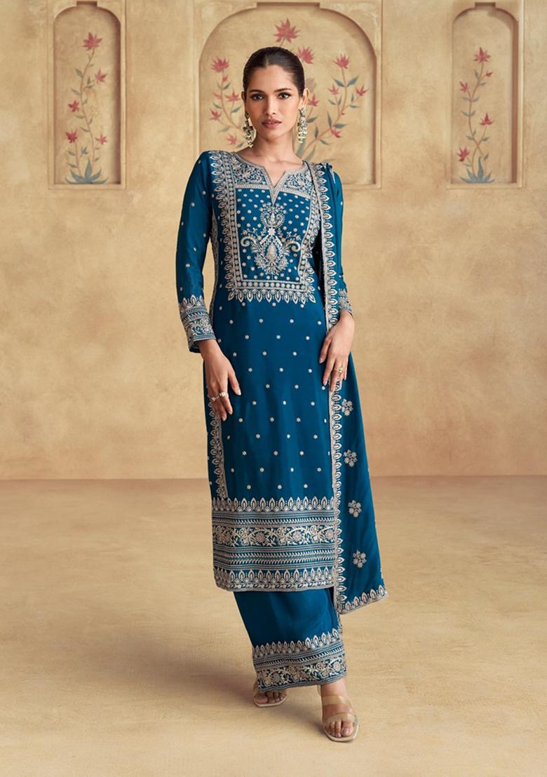 Teal Thread Embroidered Silk Kurta Set