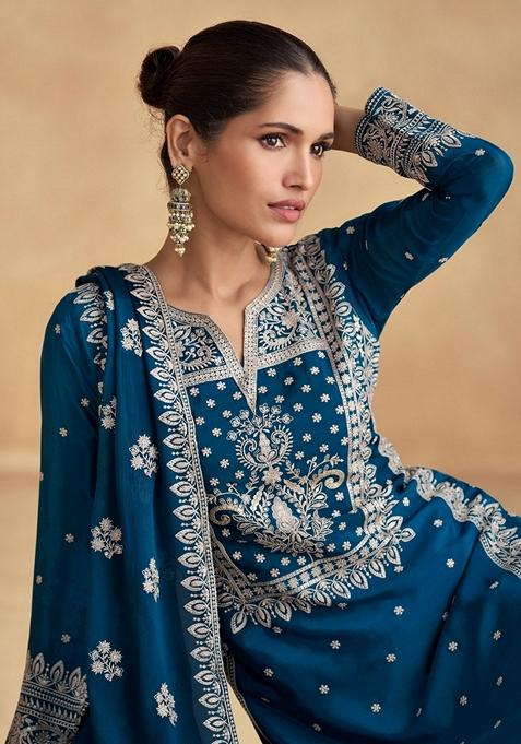 Teal Thread Embroidered Silk Kurta Set