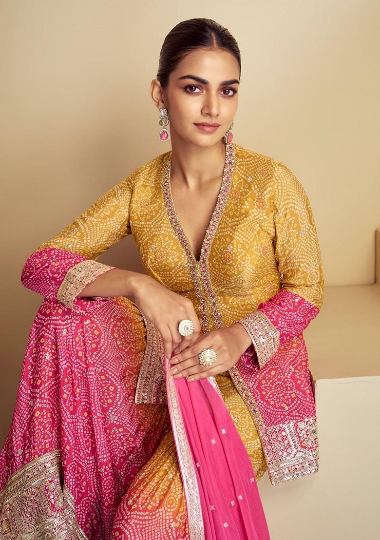 Yellow Sequin Embroidered Silk Sharara Set