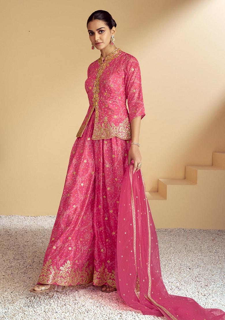 Pink Sequin Embroidered Silk Sharara Set