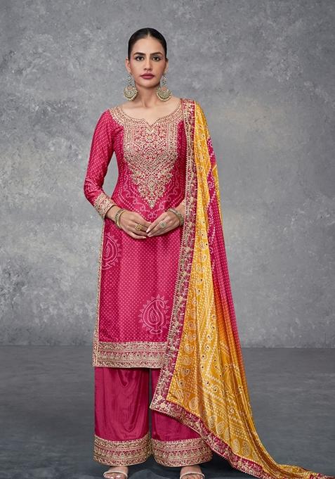 Pink Bandhani Silk Punjabi Suit