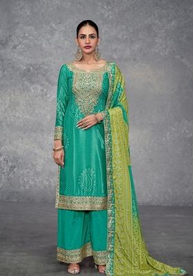 Turquoise Thread Embroidered Silk Kurta Set