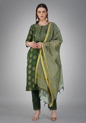 Green Embroidered Cotton Blend Kurta Set