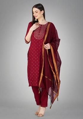 Maroon Embroidered Cotton Blend Kurta Set