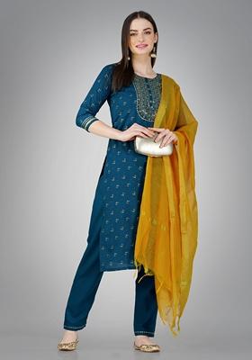 Blue Embroidered Cotton Blend Kurta Set