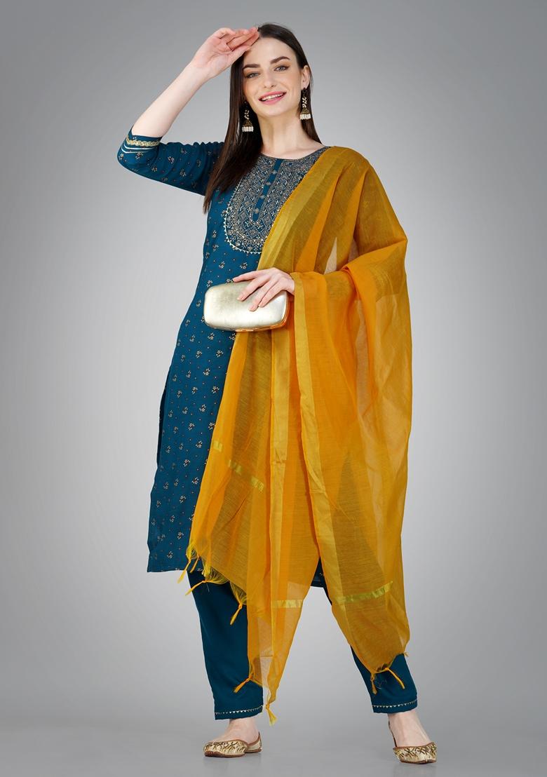 Blue Embroidered Cotton Blend Kurta Set