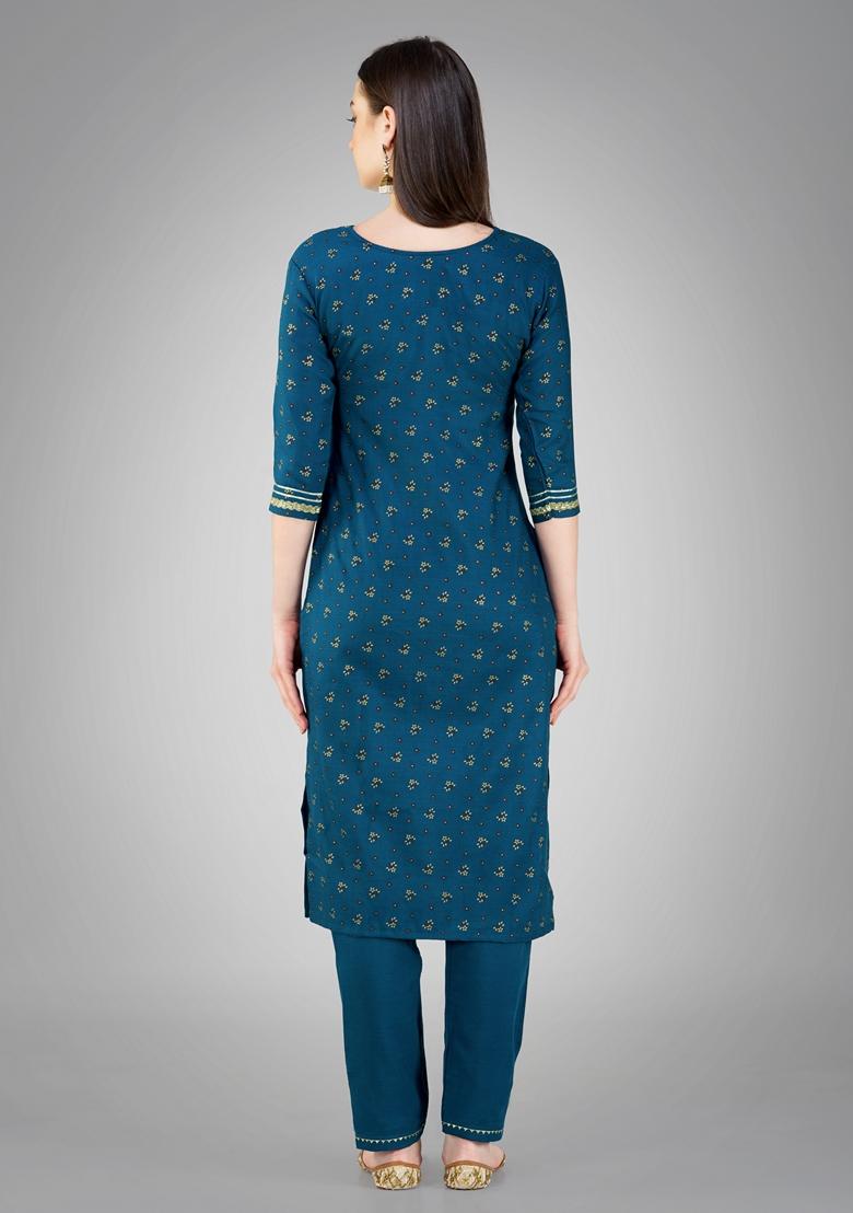 Blue Embroidered Cotton Blend Kurta Set