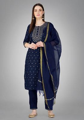 Navy Blue Embroidered Cotton Blend Kurta Set