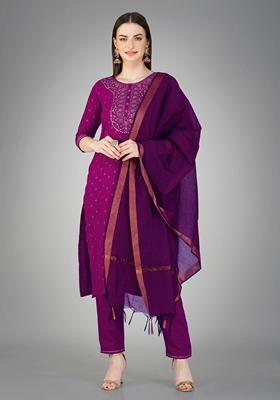 Purple Embroidered Cotton Blend Kurta Set