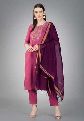 Purple Embroidered Cotton Blend Kurta Set