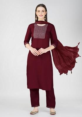 Maroon Embroidered Cotton Blend Kurta Set