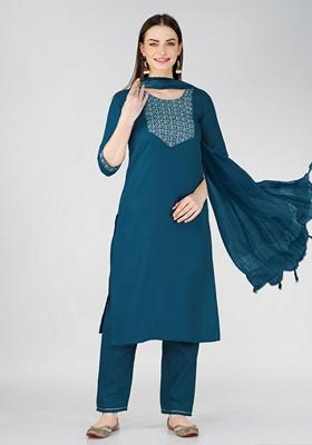 Blue Embroidered Cotton Blend Kurta Set