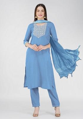 Sea Green Embroidered Cotton Blend Kurta Set