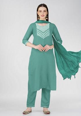 Teal Embroidered Cotton Blend Kurta Set