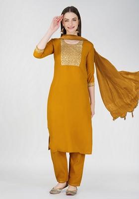 Yellow Embroidered Cotton Blend Kurta Set