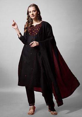 Black Embroidered Cotton Blend Kurta Set