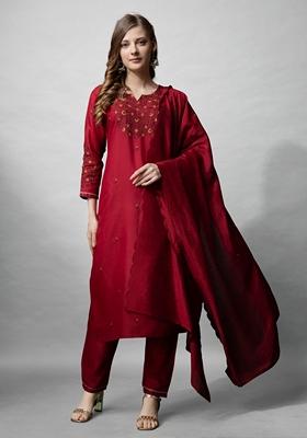 Maroon Embroidered Cotton Blend Kurta Set