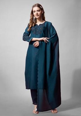 Blue Embroidered Cotton Blend Kurta Set