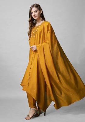 Mustard Embroidered Cotton Blend Kurta Set