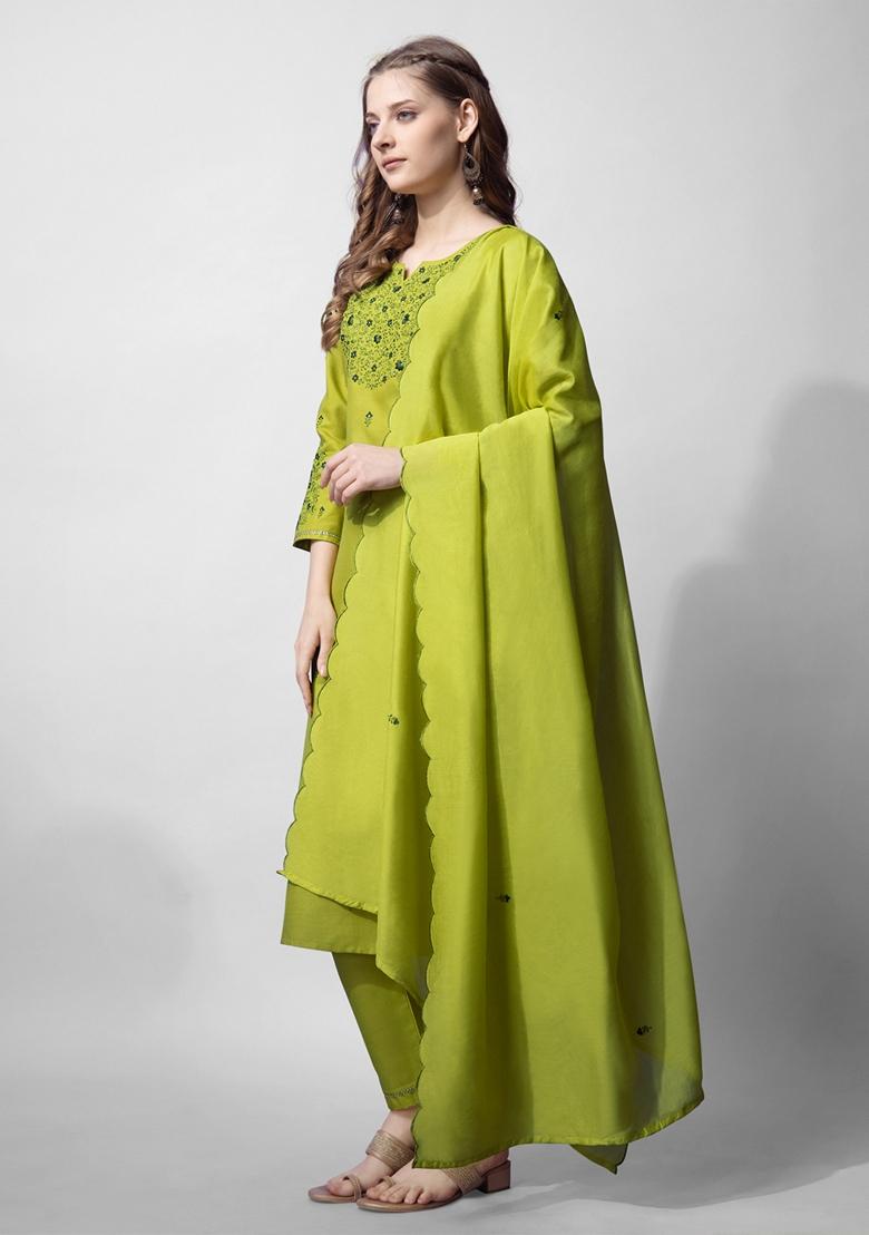 Green Embroidered Cotton Blend Kurta Set