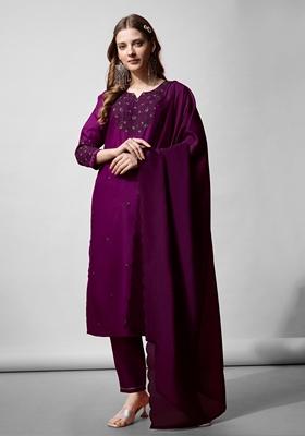 Purple Embroidered Cotton Blend Kurta Set