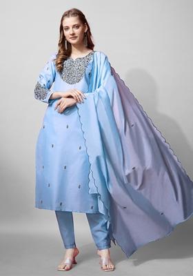 Blue Embroidered Cotton Blend Kurta Set