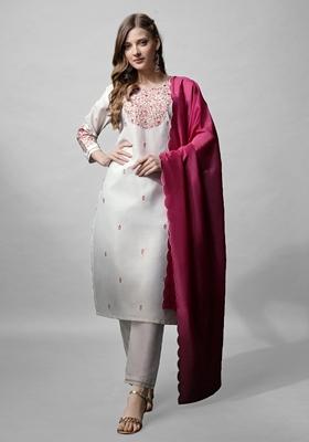 White Embroidered Cotton Blend Kurta Set