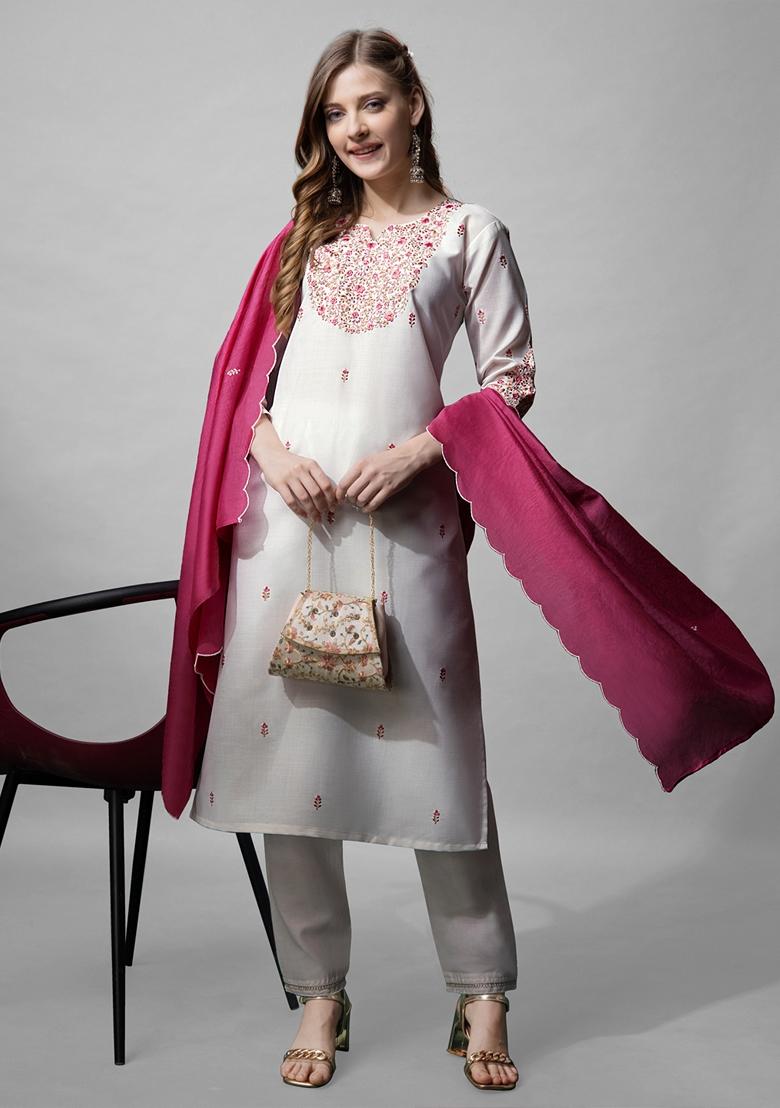 White Embroidered Cotton Blend Kurta Set