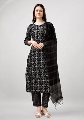 Black Printed Viscose Rayon Kurta Set