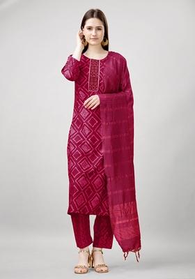 Pink Printed Viscose Rayon Kurta Set