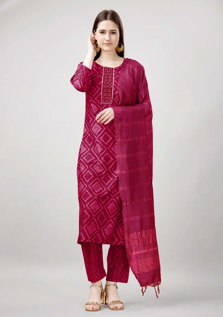 Pink Printed Viscose Rayon Kurta Set - Indya