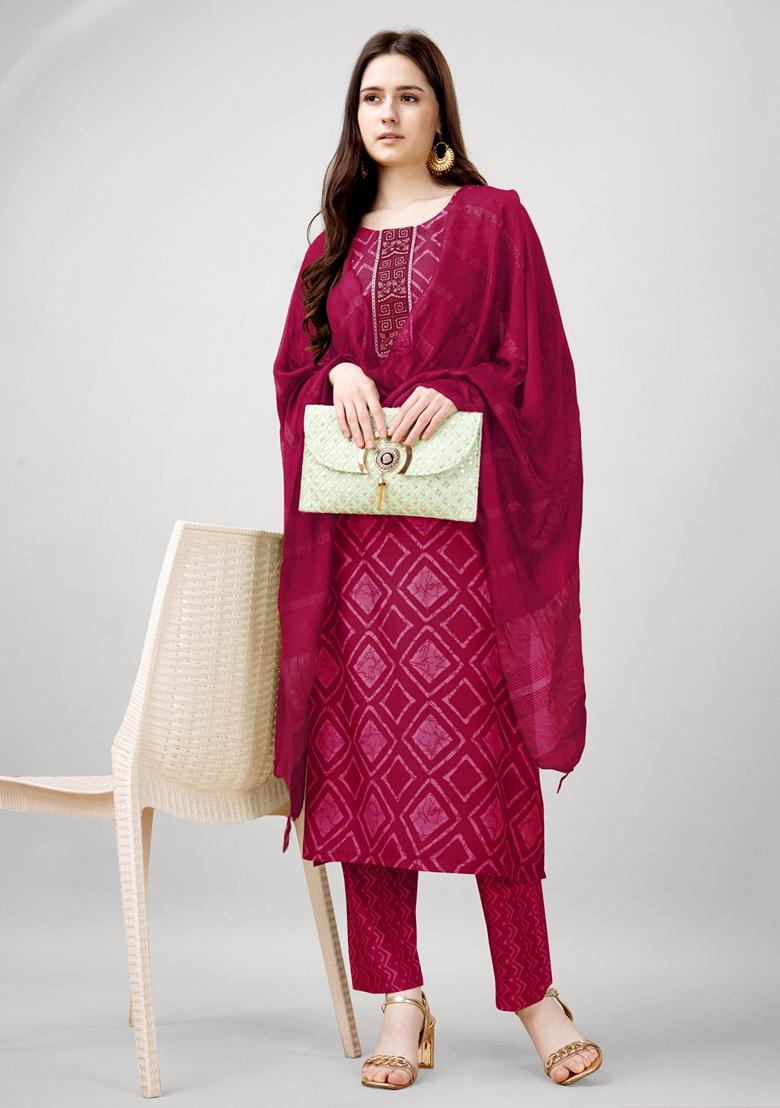 Pink Printed Viscose Rayon Kurta Set